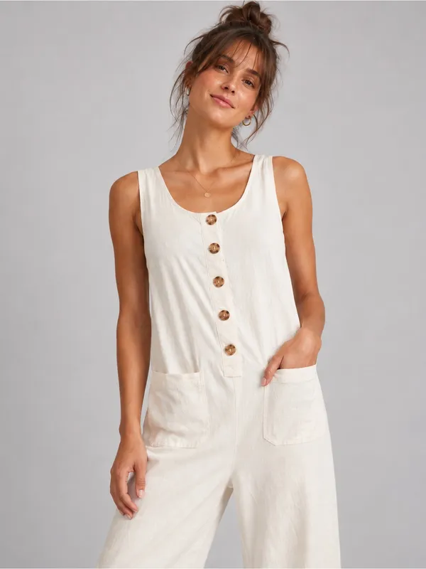 Marine Layer XS Ivory Sleeveless Button Front Wide Leg Cropped Jumpsuit Pockets - Image 5