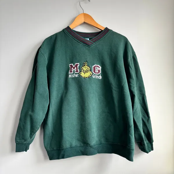 Vintage Dr. Seuss Brand Mister Grinch Embroidered Sweatshirt V Neck Size Unknown - Image 2