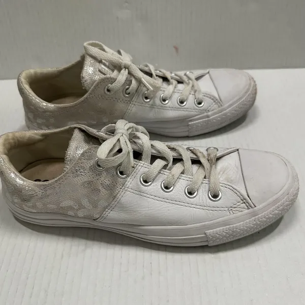 Converse One Star Shoes Womens 9 White‎ Leather Animal Print Glitter Sneakers - Image 2