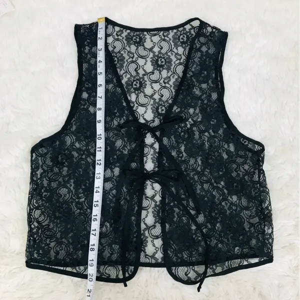 VINTAGE‎ Sheer Black Lace Tie Front Vest Top Small Goth Fairycore Grunge Y2K 90s - Image 7