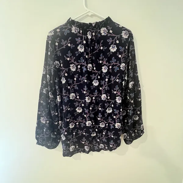 Loft Size L‎ Navy Floral Tie-Neck Blouse Long Sleeve - Image 4