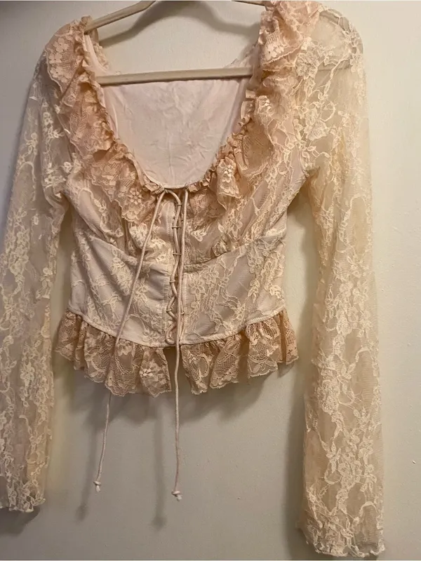 Womens Off The Shoulder Lace Top S 34” Ivory Lace Up Front Long Sleeve Boho - Image 6