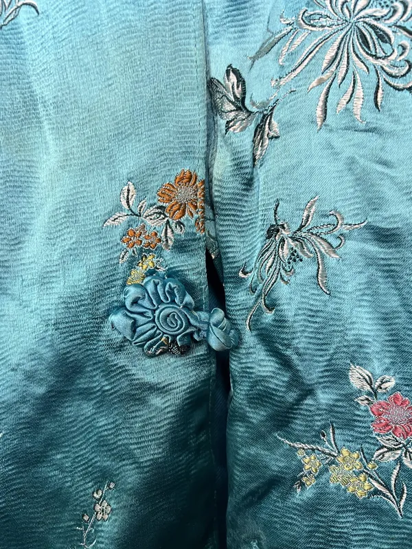 Vintage Great Lion Jacket Womens XS Teal Silk Embroidered Mandarin Hong Kong 60s - Image 5