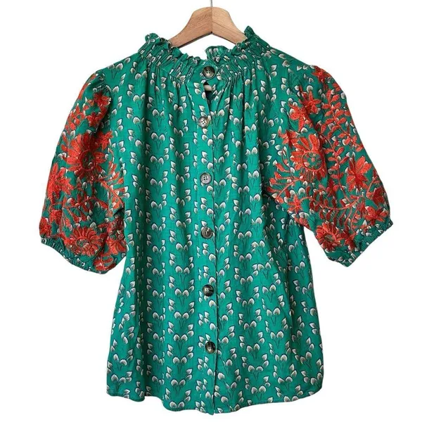 THML Verde S Mock Neck Embroidered floral Puff Sleeve Green blouse - Image 2