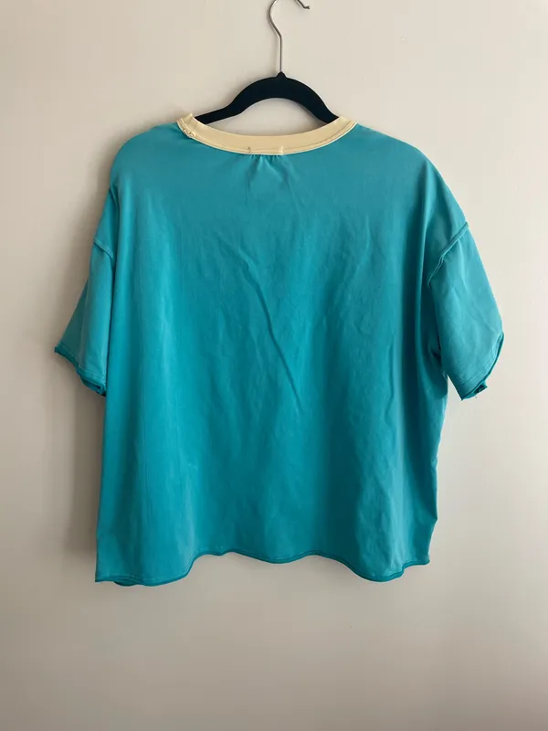 Boutique J. Her Oversized Teal Star Patchwork Short Sleeve Tee Size Small - Image 2
