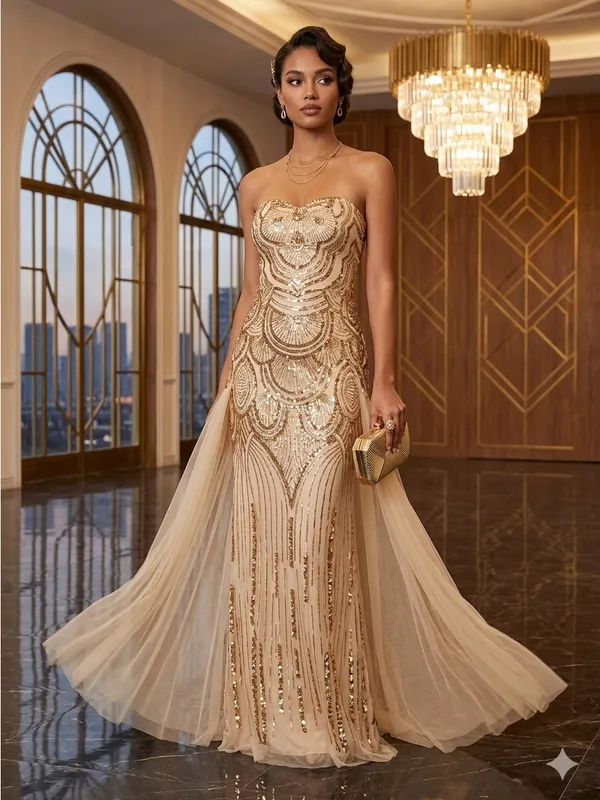 Strapless Gold Sequin Evening Column Dress Size L - Image 3