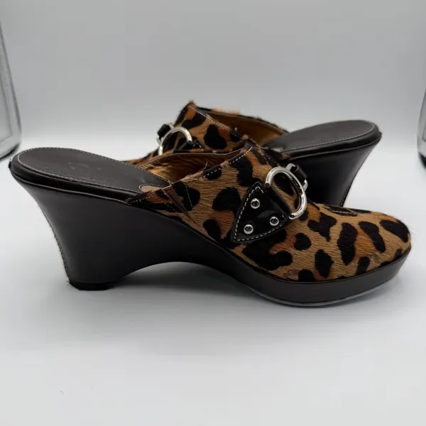Cole Haan Leopard Calf Hair Horsebit Mule Heels Brown Black Womens 7.5B Brazil - Image 5