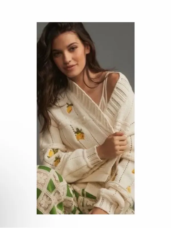 Maeve Lemon Embroidered Chunky Knit Open Sweater White Cream Women's Size Medium - Image 2