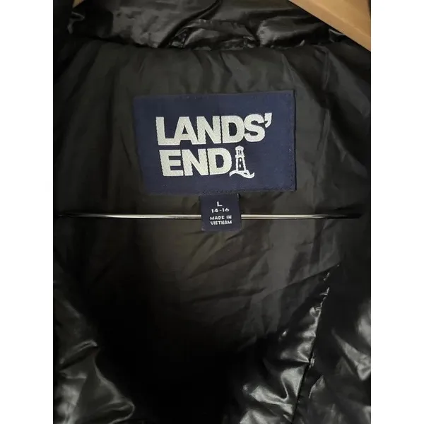Lands’ End Black Shiny Power Down Puffer 600 Fill Jacket Adjustable Waist Large - Image 2