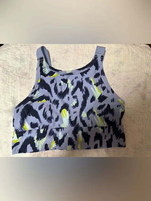aerie Lavender Abstract Print Sports Bra with Neon Yellow Accents - Image 4