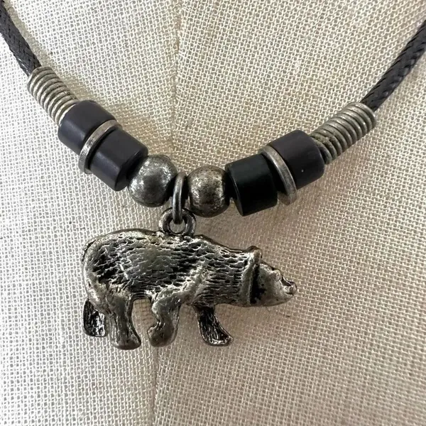Silver tone bear pendant necklace on black cord - Image 3