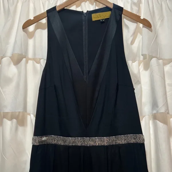 Nicole Miller Silk Jumpsuit Romper 8 Black Wide Leg Beaded V-Neck Elegant Chic - Image 2