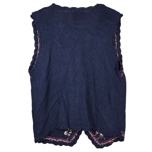 Erika‎ Vintage Navy Blue Embroidered Floral Ribbon Beaded Knit Vest Medium - Image 2