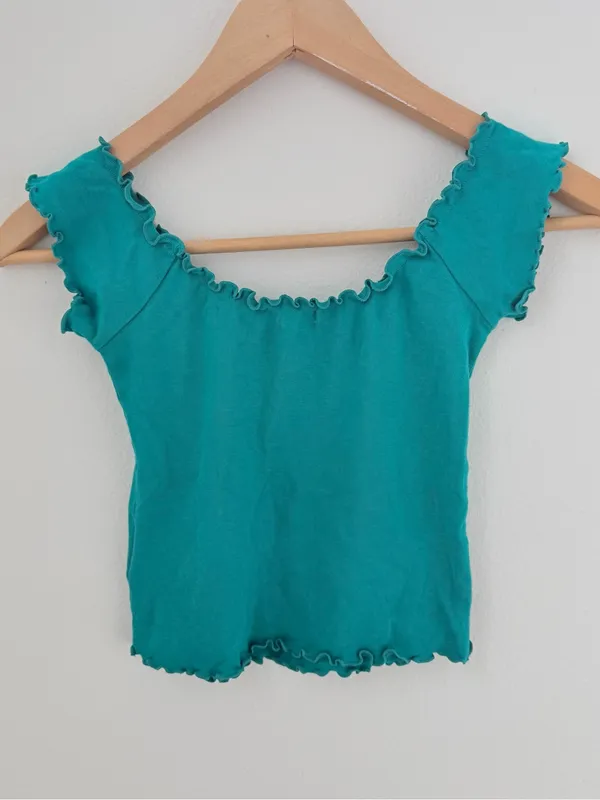Kimchi Blue Turquoise Ruffle Trim Baby Tee Cottagecore Top - Image 8