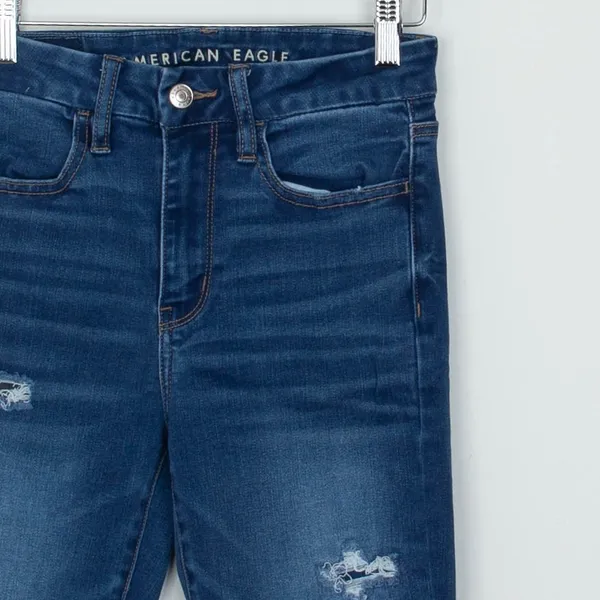 American Eagle Super Hi-Rise Skinny‎ Jeans Womens 2 Blue Distressed Frayed Hem - Image 2
