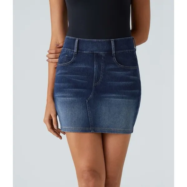Halara Flex High Waisted Mini Washed Denim Casual Skirt Bright Blue Denim XS - Image 11
