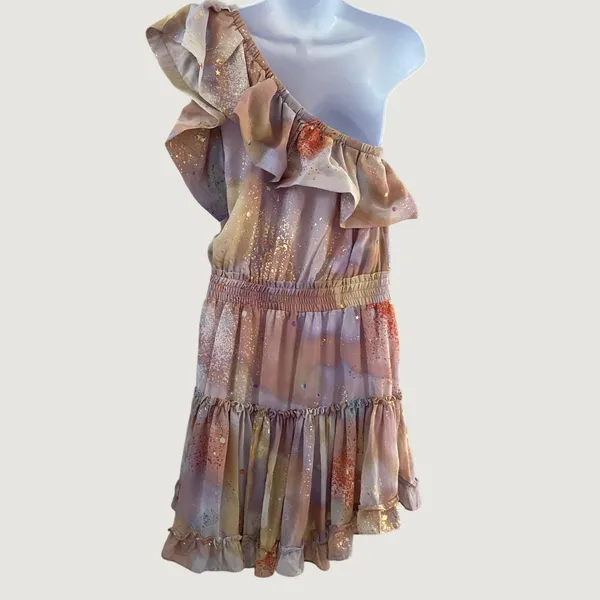 Buddy Love Sofia One Shoulder Ruffle Cocktail Mini Dress M Pastel Tie Dye Fairy - Image 2