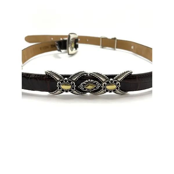 Brighton Belt #40388 Brown Leather Silver Gold Buckle Croc Embossed Size 30 Med - Image 3