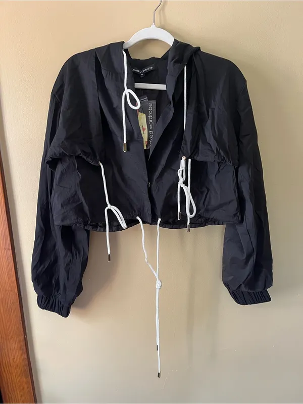 naked wardrobe Black Hooded Jacket with White Drawstrings - Image 2