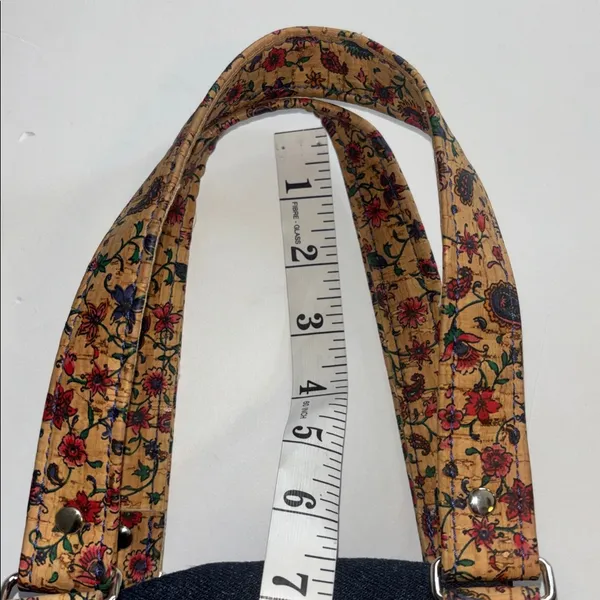 Blue Denim Handbag With Floral Corklike Design On Bottom & Handles Red Interior - Image 11