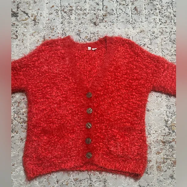 Anthropologie Moth sweater Red Emilie Wool blend Fuzzy Oversized button Size S - Image 3