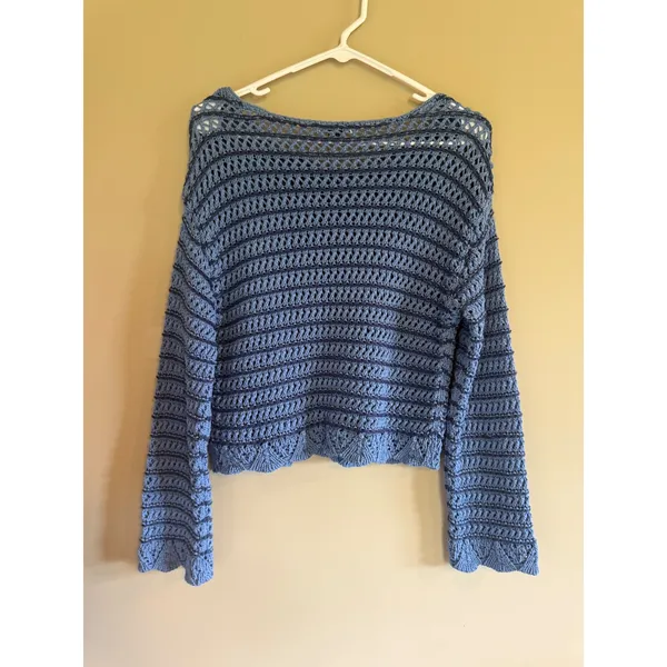 American Eagle‎ Blue Crochet Knit Striped Sweater Boho Scalloped Bell Sleeve XS - Image 3
