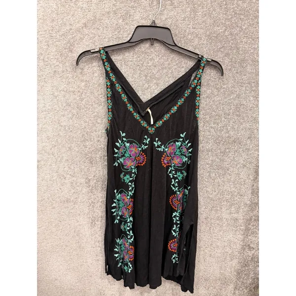 Free People Womens Mini Dress Medium Black Boho Embroidered V-Neck Sleeveless - Image 3
