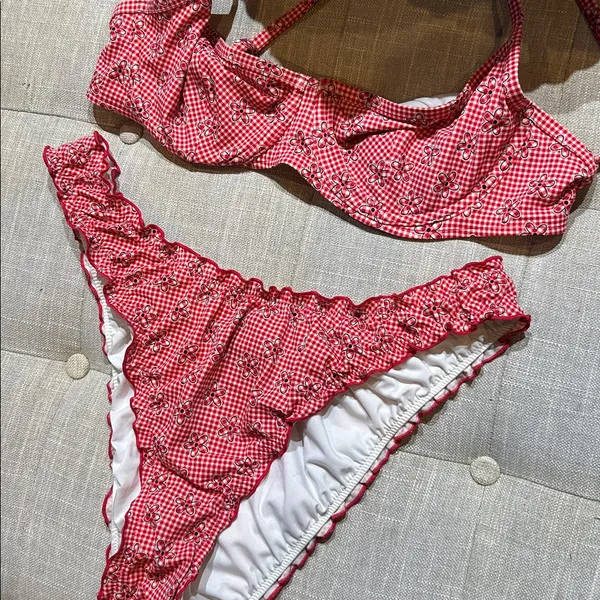 PINK By Frankies Bikinis Red Checkered Bikini Floral Bikini Top + Bottom Set - Image 7