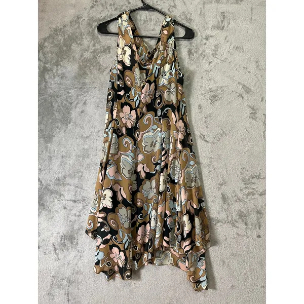 Vintage Y2K Floral Handkerchief Hem Dress Sleeveless Cowl Neck Boho‎ Midi 12 - Image 3