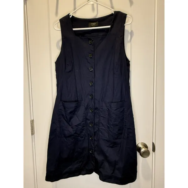 Women’s Banana Republic Linen Blend Button Dress Square Neck Large Navy Blue - Image 2