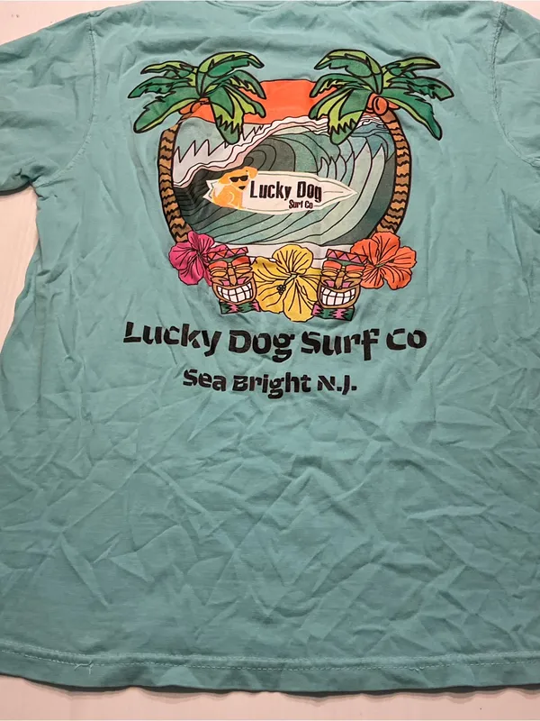 Lucky Dog Surf Co Sea Bright NJ Aqua Blue T Shirt Sz S - Image 6
