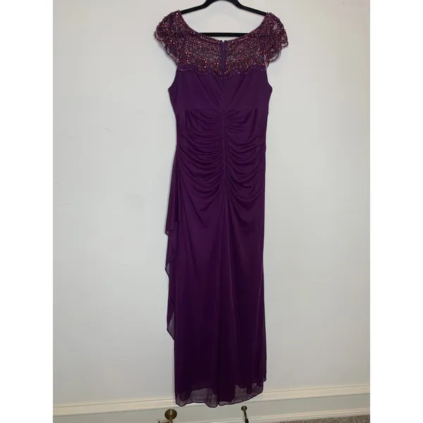 Xscape Purple Eggplant Beaded Bodice Formal Long Dress Gown Sz 14 Ruched Back - Image 7