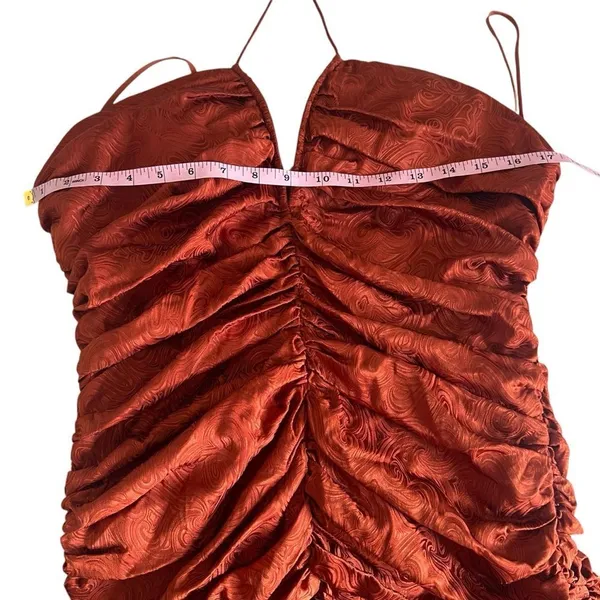 Ronny Kobo Orielle Rust Orange Silk Blend Jacquard Ruched Halter Mini Dress L - Image 8