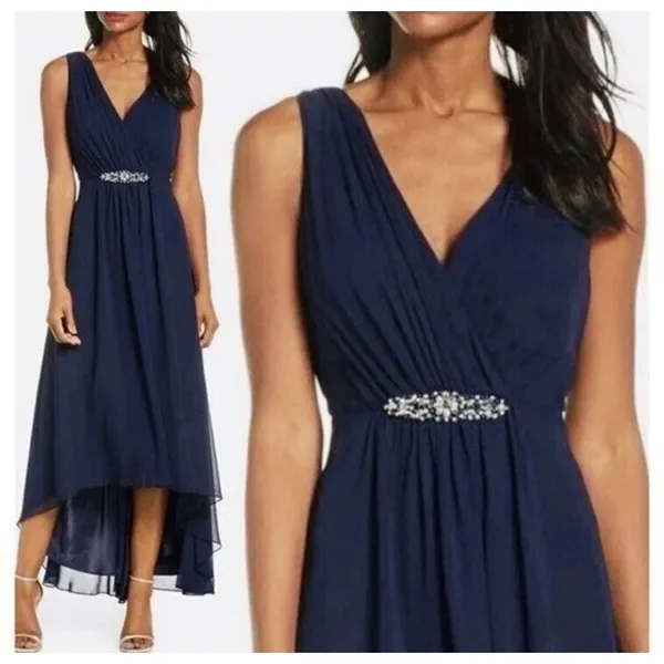 NEW Eliza J High Low Chiffon Rhinestone Embellished Waist Dress Size 8 Navy - Image 3