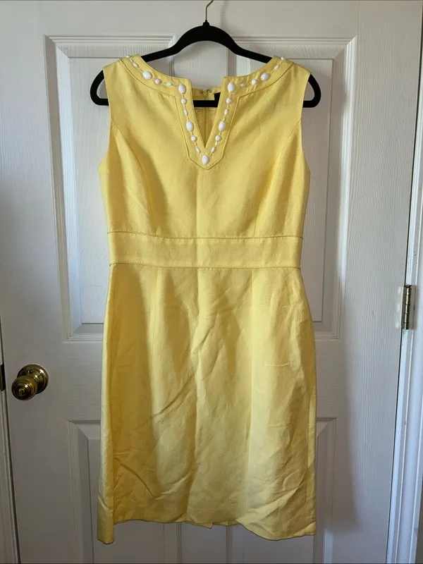 Alex Marie Linen Blend Soft Yellow‎ Lined Sleeveless Shift Midi Dress Beaded 8 - Image 9
