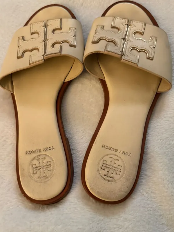 Tory Burch Cream Leather Logo Slide Sandals with Brown Trim size 5.5 - Image 3