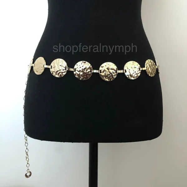Y2K Boho Gold Hammered Disc Coin Chain Belt, Fits 24.5–42 Inches, X7GA1153 - Image 4