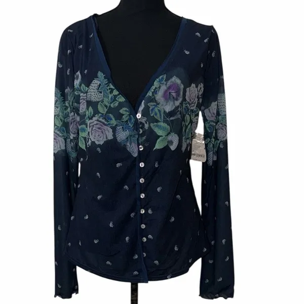 Free people Blue Floral Print Button Down Sheer/Mesh(Size Small) - Image 5