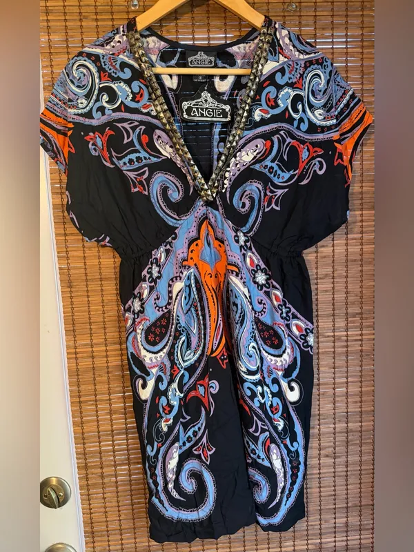 ANGIE Black Paisley Studded V Neck Boho Mini Dress Small NWT - Image 2