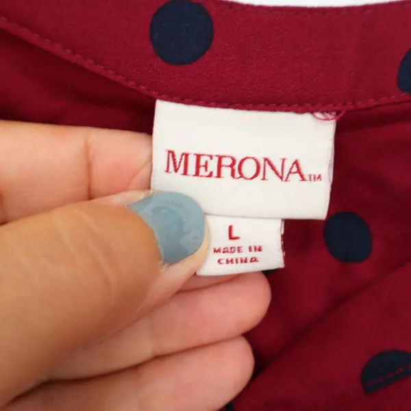 Merona Blouse Womens L Red Polka Dot V-Neck Long Sleeve Pocket Good - Image 3