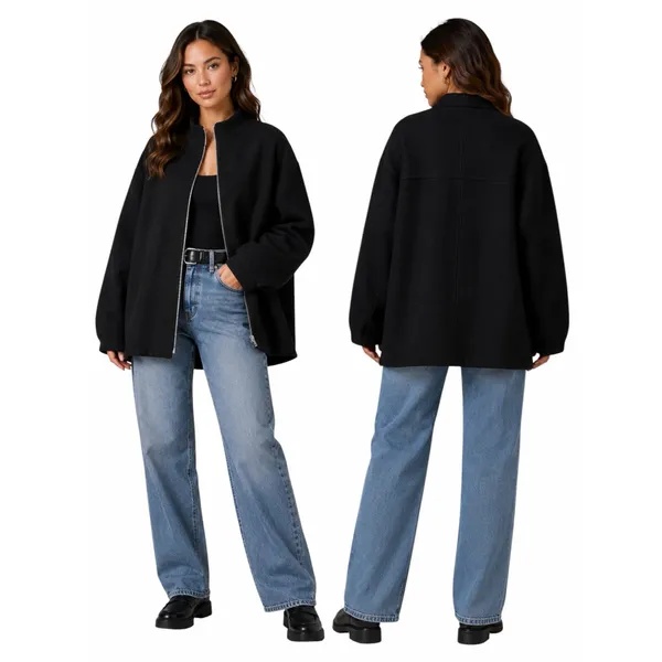 Zara Monteco Wool Front Zip Oversized Bomber Jacket Black Size XS - Image 2