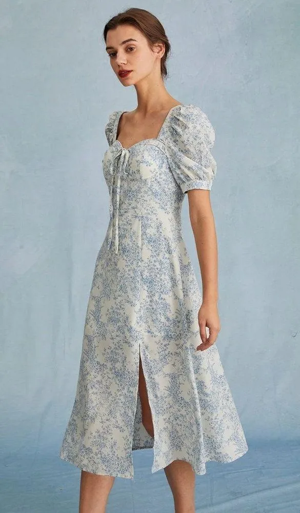 RIHOAS The Blue Sweetheart Neck Puff Sleeve Floral Midi Dress - Image 2
