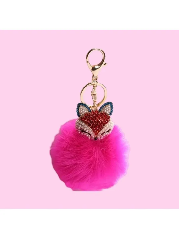 NEW Fluffy Fox Rose Pink Pearl and Gold Rhinestone Bag Charm Keychain NWT - Image 3