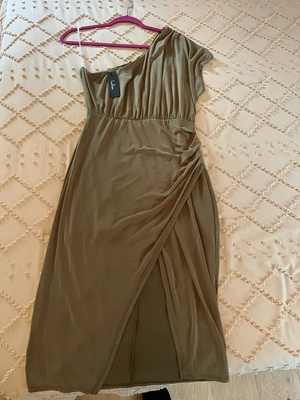 Lulus One-Shoulder Raise A Glass Olive Green Midi Dress - Image 5