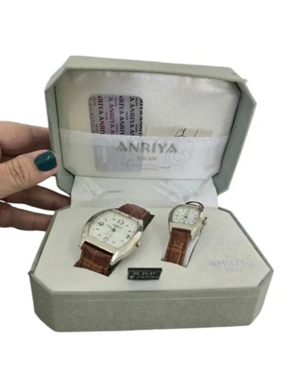 Anriya Milan Mens Womens Matching Watch Set Brown Leather Bands Vintage - Image 2