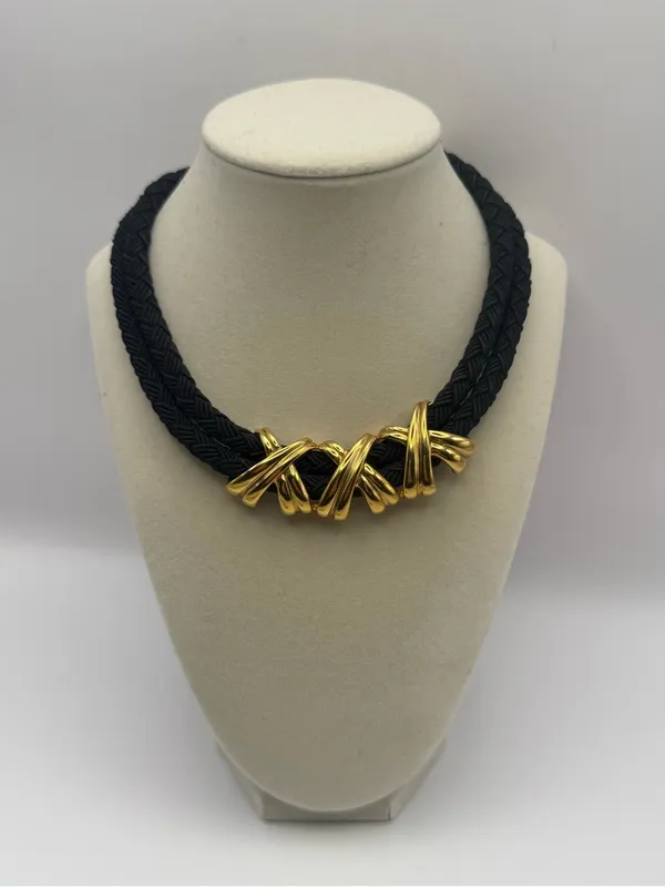 Black Braided Statement Necklace with Gold Accent - Image 2