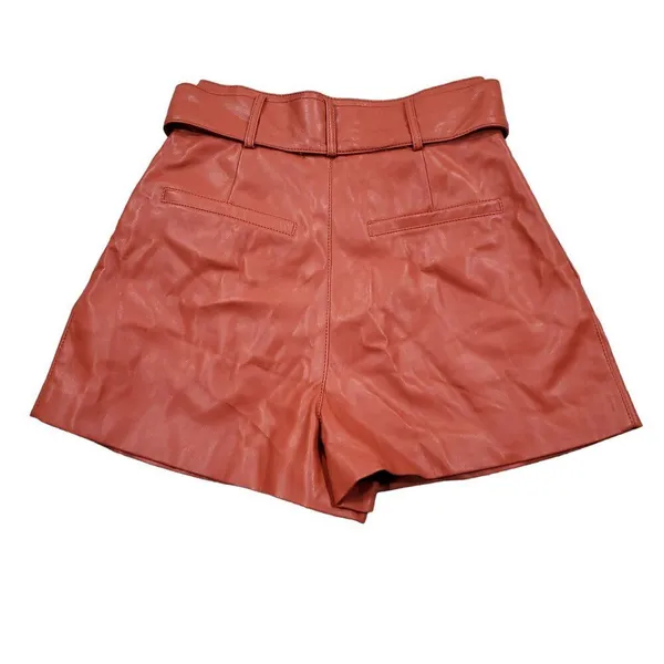 READ Zara Faux Leather Pleated High Rise Belted Shorts Orange XS trf Collection - Image 2