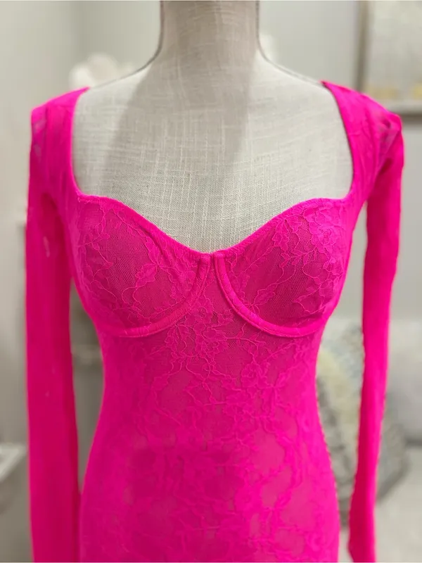 Skims Stretch Lace Lined Hot Pink Long-Sleeve Woman’s Mini Dress Size Small - Image 3