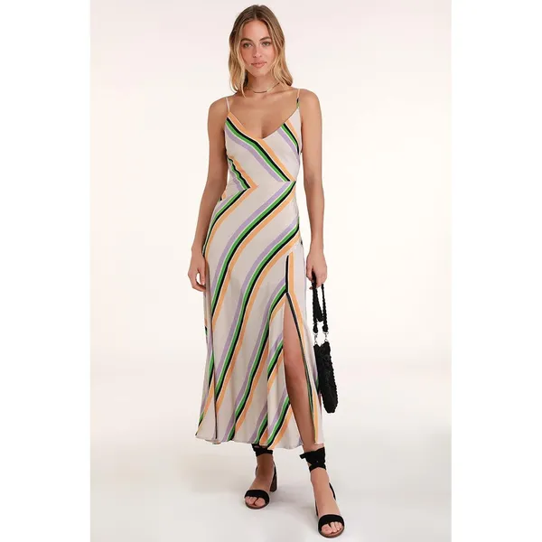 ASTR The Label Midi Dress Womens S Multicolor Striped Slit Boho Party Cocktail - Image 2