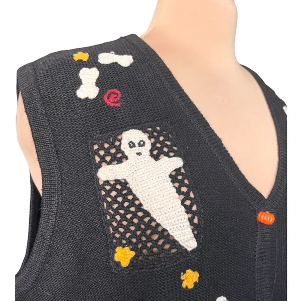 Vintage Karen Scott Halloween Sweater Vest Hand Embroidered Ghost Pumpkin Witch - Image 4